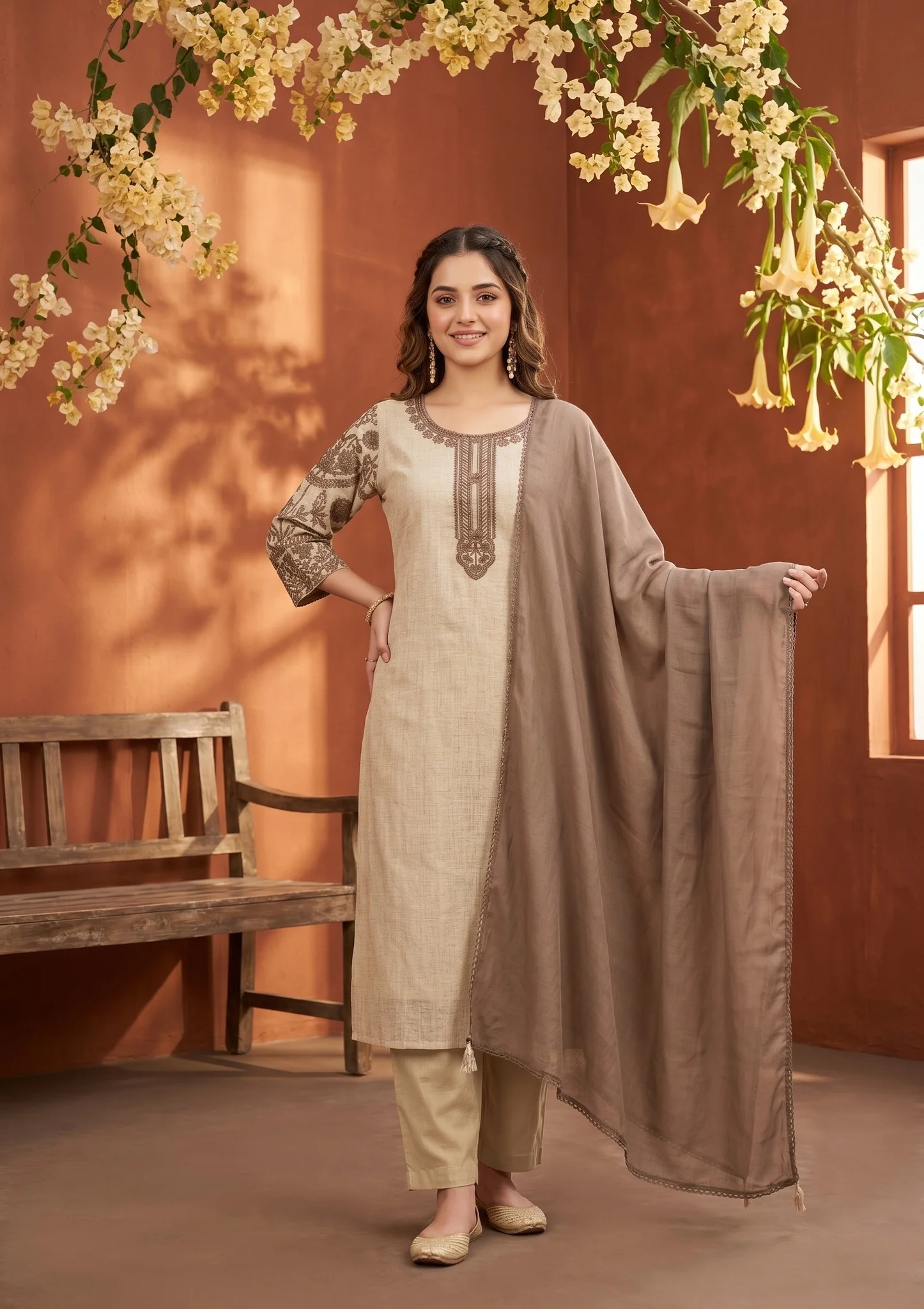 Beige Light Brown Cotton Threadwork Straight Kurta With Regular Pant And Dupatta